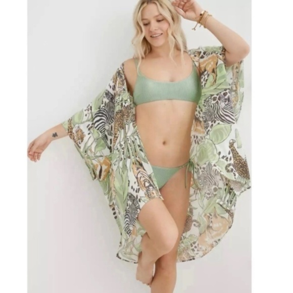 AERIE WOMENS ONE PIECE BATHING SUIT JUNGLE LEOPARD GREEN MEDIUM INCLUDES KIMONO - Picture 3 of 10
